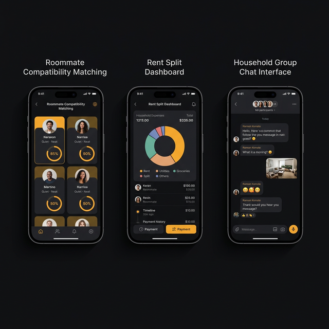 Leazy app screens - Roommate matching, rent splitting, and household management